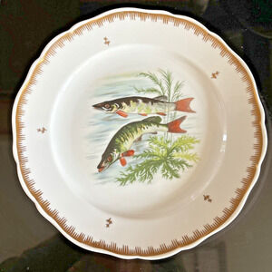 Hand Painted Fish Pattern Porcelain Dinner Plate Made In France Gold Gilt Rim